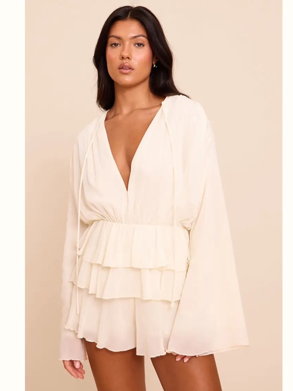 PrettyLittleThing Cream Tiered V-Neck Ruffle Tunic